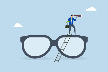 Clear business vision, businessman climb up big eyeglasses see vision on telescopeのイラスト素材