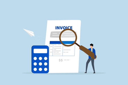 Invoice, businessman holding magnifier on invoice document.のイラスト素材