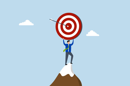 Business target, successful entrepreneur grasping large goal with arrow striking the bullseye.のイラスト素材