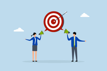 Effective communication for team success and achieve goal, Business individuals communicate with a megaphone towards the same objective.のイラスト素材