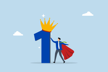 First winner achievement, triumphant entrepreneur hero poses with first place trophy and crown.のイラスト素材