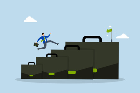 Career growth development plan, entrepreneur expert ascend briefcase staircase to achieve objective above.のイラスト素材