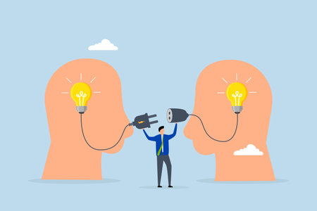 Communication for success, entrepreneur links to illuminate lightbulb concept on individual head.のイラスト素材