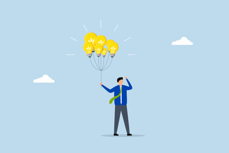 Innovation idea, smart businessman holding lightbulb idea balloons.のイラスト素材