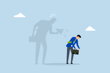 Self criticism, dejected entrepreneur casts shadow of self-accusation using megaphone.のイラスト素材