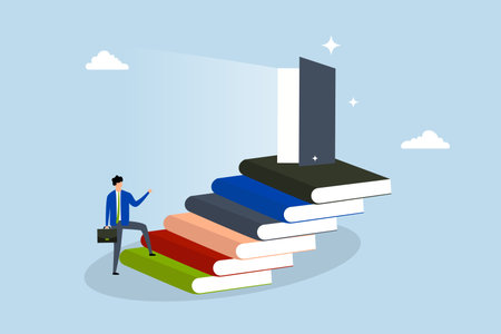 learning for new opportunity, entrepreneur ascends pile of books stairway to arrive at opportunity entrance.のイラスト素材