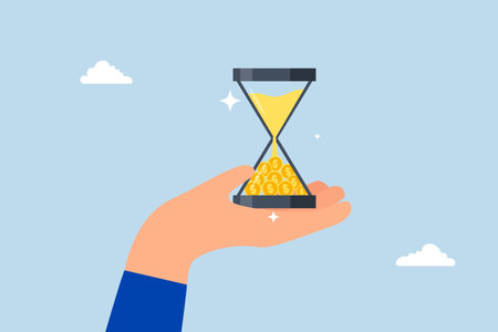 Time is money, businessman hand holding hourglass with sand falling to money.