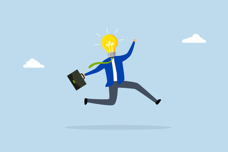 Get new business idea, businessman jump lightbulb idea head.のイラスト素材