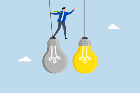 transformation to new opportunity, businessman jump from old to bright lightbulb.のイラスト素材