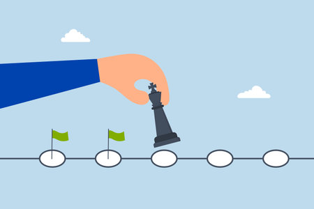 Strategic planning process, businessman move chess king step to achievement.のイラスト素材