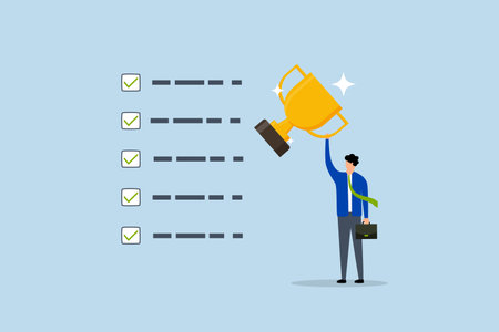 Habits to success, success businessman holding winner trophy with habit checklist.のイラスト素材
