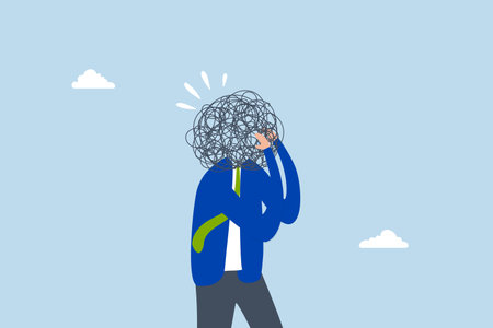 Overthinking, businessman overthinking mess head.のイラスト素材