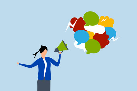 Speak out, businesswoman talk on megaphone with speech bubble voice message.のイラスト素材