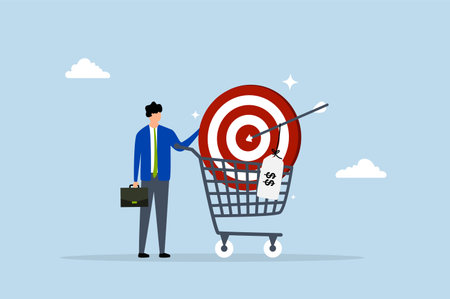 businessman marketer holding big arrow target with price tag in shopping cart.のイラスト素材