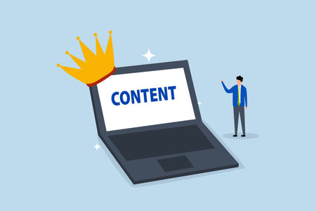 businessman standing with computer with the word content wearing crown.のイラスト素材