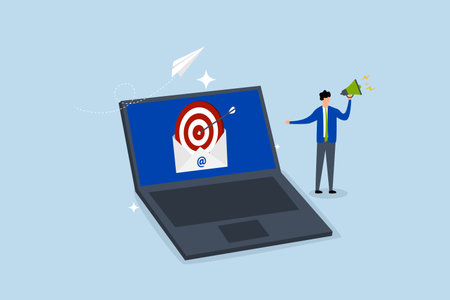 Email marketing, businessman with megaphone and targeting email on computer laptop.のイラスト素材