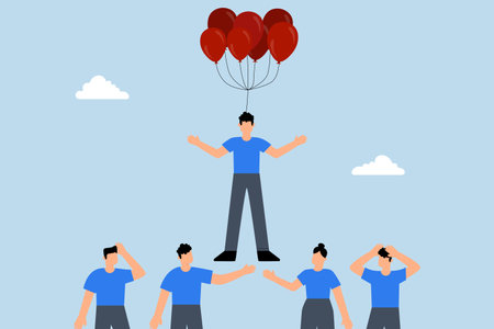 Innovation skill to different from others, Businessman flying above other competitors with balloon.のイラスト素材