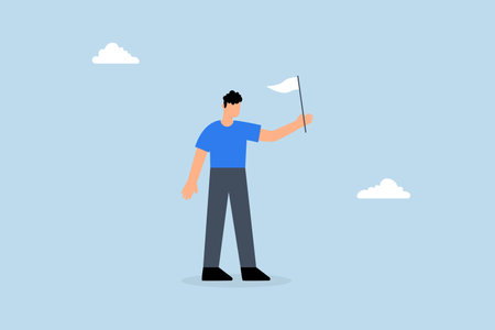 surrender on business battle, sad businessman waves white flag, symbolizing surrender on business.のイラスト素材
