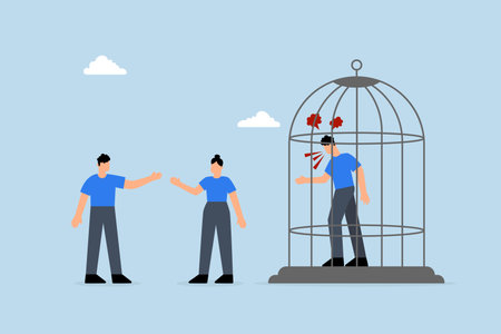 Toxic boss, angry manager captured and team are peacefully discussing work outside.のイラスト素材