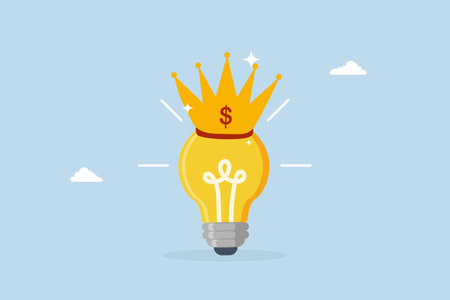creative genius, glowing bright light bulb idea lamp with golden crown.のイラスト素材