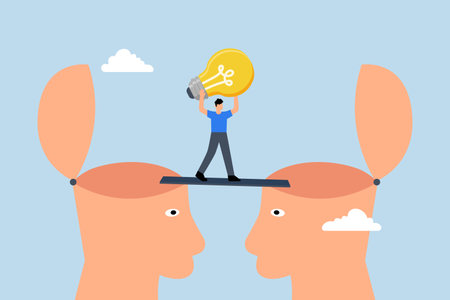 Knowledge transfer, entrepreneur holding light bulb strolls across bridge connecting two human brains.のイラスト素材