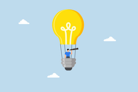 businessman rides light bulb balloon with telescope and looks for a vision.のイラスト素材