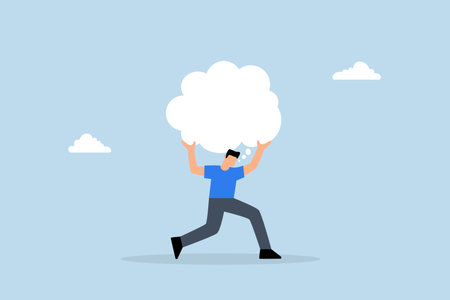 depressed businessman carries heavy burden of thought bubbles.のイラスト素材