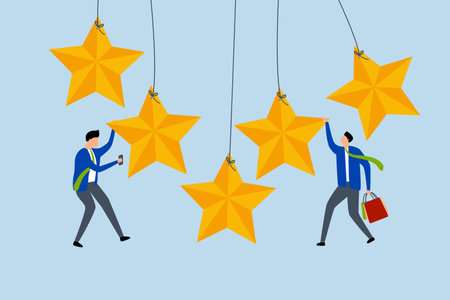 Customer experience rating, woman carrying shopping bag hanging from golden five stars with man using his mobile phoneのイラスト素材