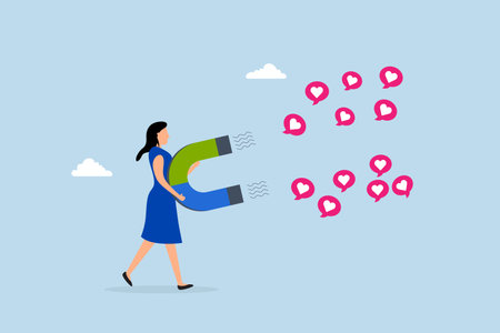 Social media marketing, woman online influencer using magnet to draw love symbols.のイラスト素材