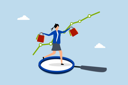 Customer insight, female shopper grasping overflowing bags while examining with magnifying glass.のイラスト素材