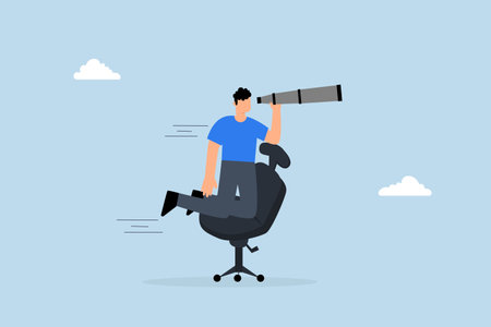 businessman with telescope rides on a desk to see the future and the way forward.のイラスト素材