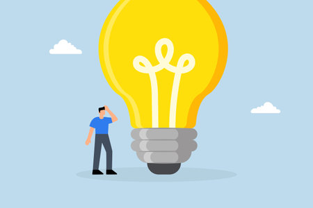 businessman entrepreneur who thinks with big oversized idea bulb.のイラスト素材