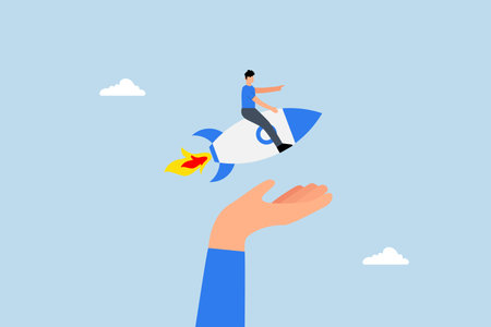 Venture capital to funding startup company, businessman riding launching company rocket in supporter handのイラスト素材