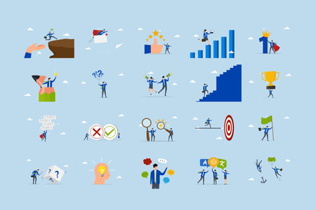 Business illustrations set. Collection of scenes with men and women taking part in business activities.のイラスト素材