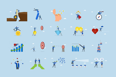 Business illustrations set. Collection of scenes with men and women taking part in business activities.のイラスト素材