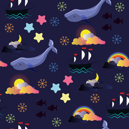 Seamless pattern with whales, ships, clouds, stars and snowflakes. Colorful fantastic pattern.のイラスト素材