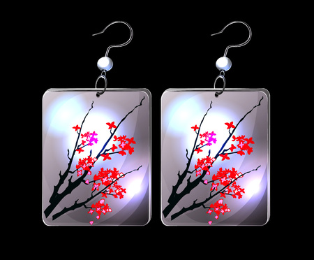 Vector cartoon earrings icons isolated in black; silver earrings with sacura flowers; japanese style jewelry; glow platinym adornment.のイラスト素材