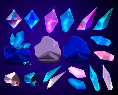 Raster copy of vector version. set of fantasy cartoon crystals for design. Sparkle stones for fantasy game design icons. Elements for game design.の写真素材