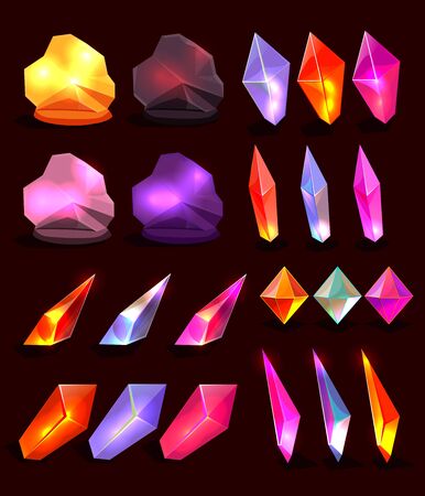 Raster copy Set of fantasy cartoon crystals for design. Half-transparent sparkle and glow elements foe fantasy game design.の写真素材