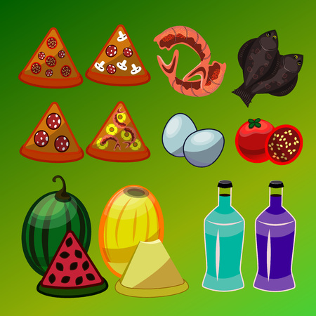 Vector set of food icons; isolated elements; shrimp, flounder, cherry tomato, different kind of pizza, eggs, melon, watermelon, two different colors bottle.のイラスト素材