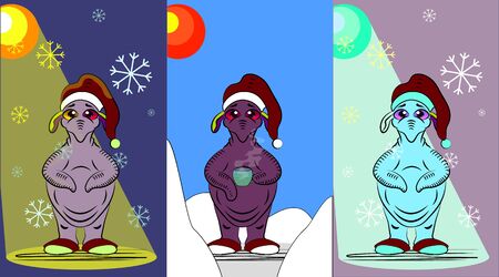 Vector set of winter illustration: fantastic creature in winter hat with cup of tea waiting for Christmas holidays. Cartoon monster with hot drink.のイラスト素材