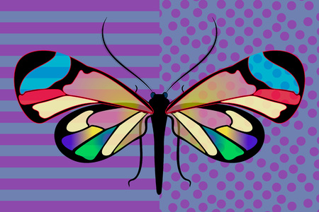 Vector symmetric art of butterfly Greta Oto stained glass transparent wings colored in different shades of 
blue, pink, yellow, purple and greeb; south america insect isolated on gray; jungle animal.のイラスト素材