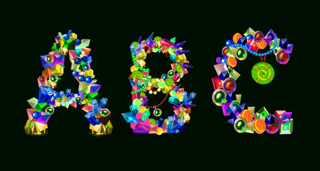Bright gemstones alphabet; colorful Latin symbols with gem textureのイラスト素材