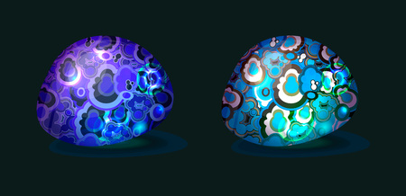 Vector collection of bright aqua and azure minerals dor app interface; game design precious blue stones isolated on black; geology icons of green shine transparent glass; blemished stone rock for guiのイラスト素材