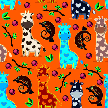Seamless pattern with giraffes, chameleons, branches, leaves and glass buttonsのイラスト素材