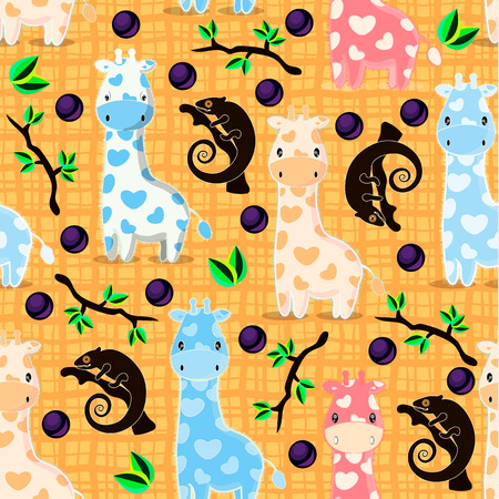 Vector seamless pattern on seamless texture; adorable african characters for textile, cards, web, design; giraffes, chameleons, branches and glass buttons on orange background texture; cartoon animals.のイラスト素材