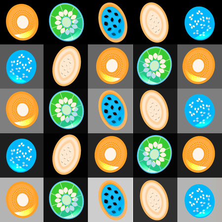 Futuristic background for cards, web, textile with unusual colors fruite slices; kiwi, melon, watermelon, passion fruit; exotic fruits icons isolated on monochrome squares; exo background; fruit icons.のイラスト素材
