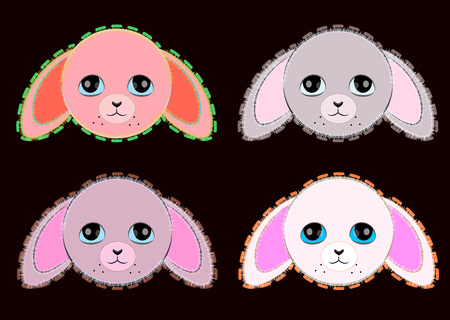 Sset of isolated elements for textile, games, web, cards; cute rabbits with big eyes; pink, gray and white stickers; wild animals different colors icons collection; zoo stickers.のイラスト素材