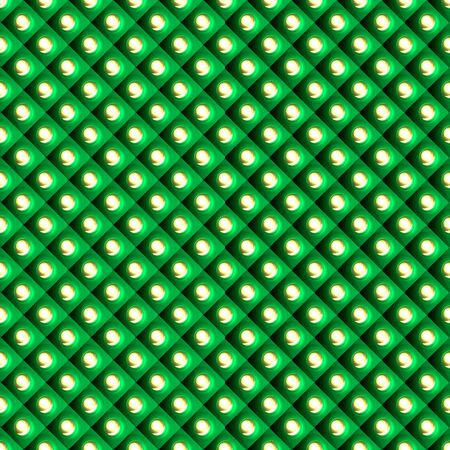 Abstract geometric disco background with polish rhombs and sparkle yellow buttons; cristal lightning 
warm seamless pattern with orange circles and green squares; repeat precious stones and lampsのイラスト素材