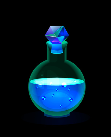 Isolated on black vector fantasy game icon; bright sparkle glow magic bottle with snow potion; blue glass charmed 
bottle with ice cristal faceted transparent bung; collection game icon.のイラスト素材